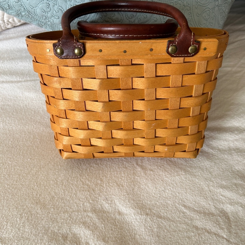 Woven Tan Basket Bag with Brown Handles